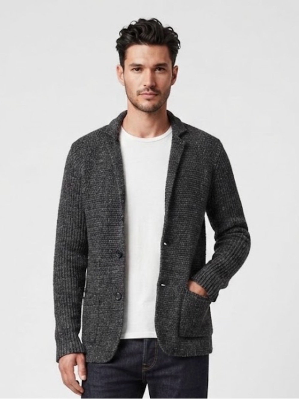 AllSaints Spitalfields Dark Gray Chunky Knit Button Blazer Cardigan XS
